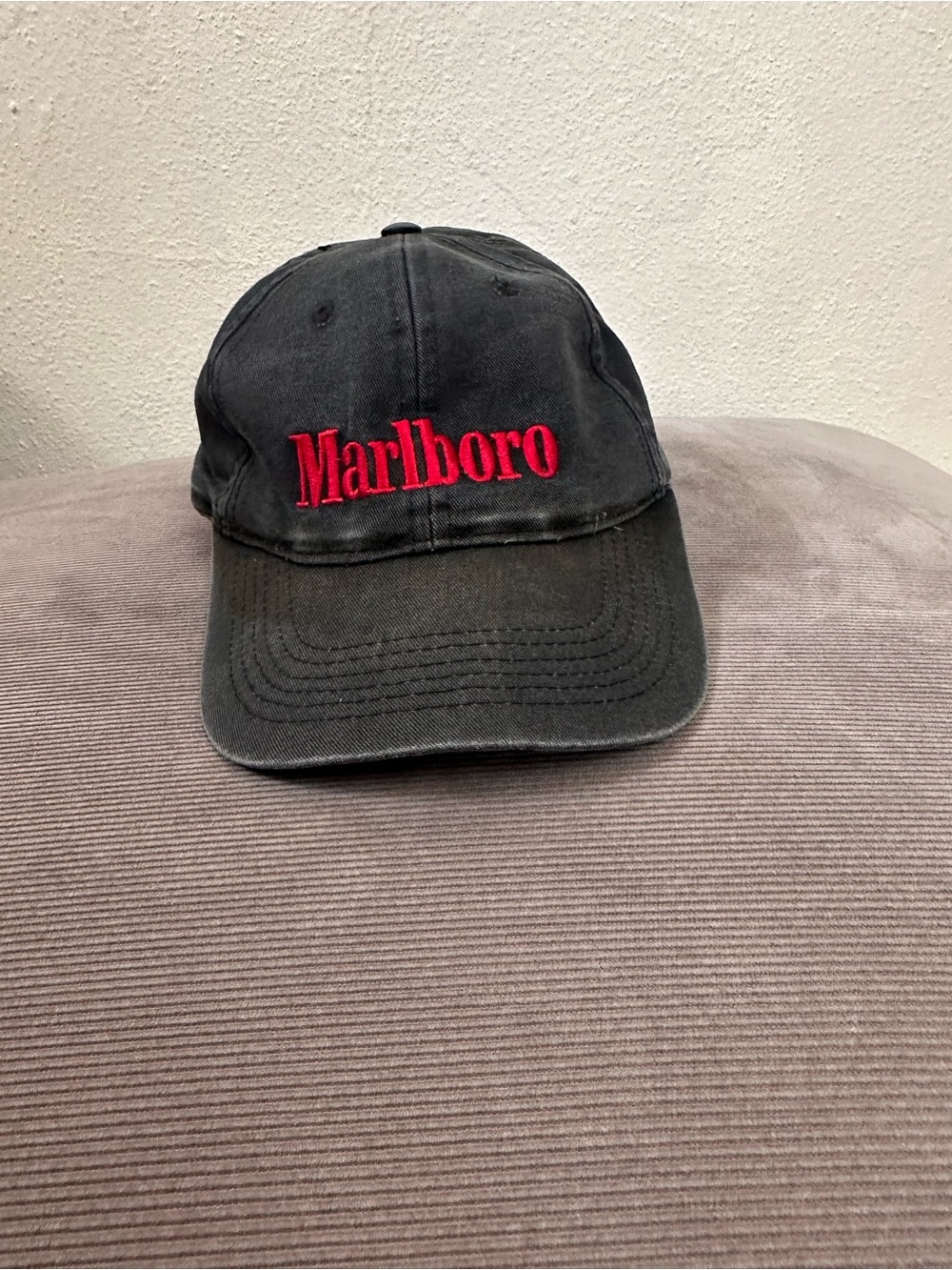 Marlboro Black Adjustable StrapBack Dad Hat Cap Embroidered Distressed Faded